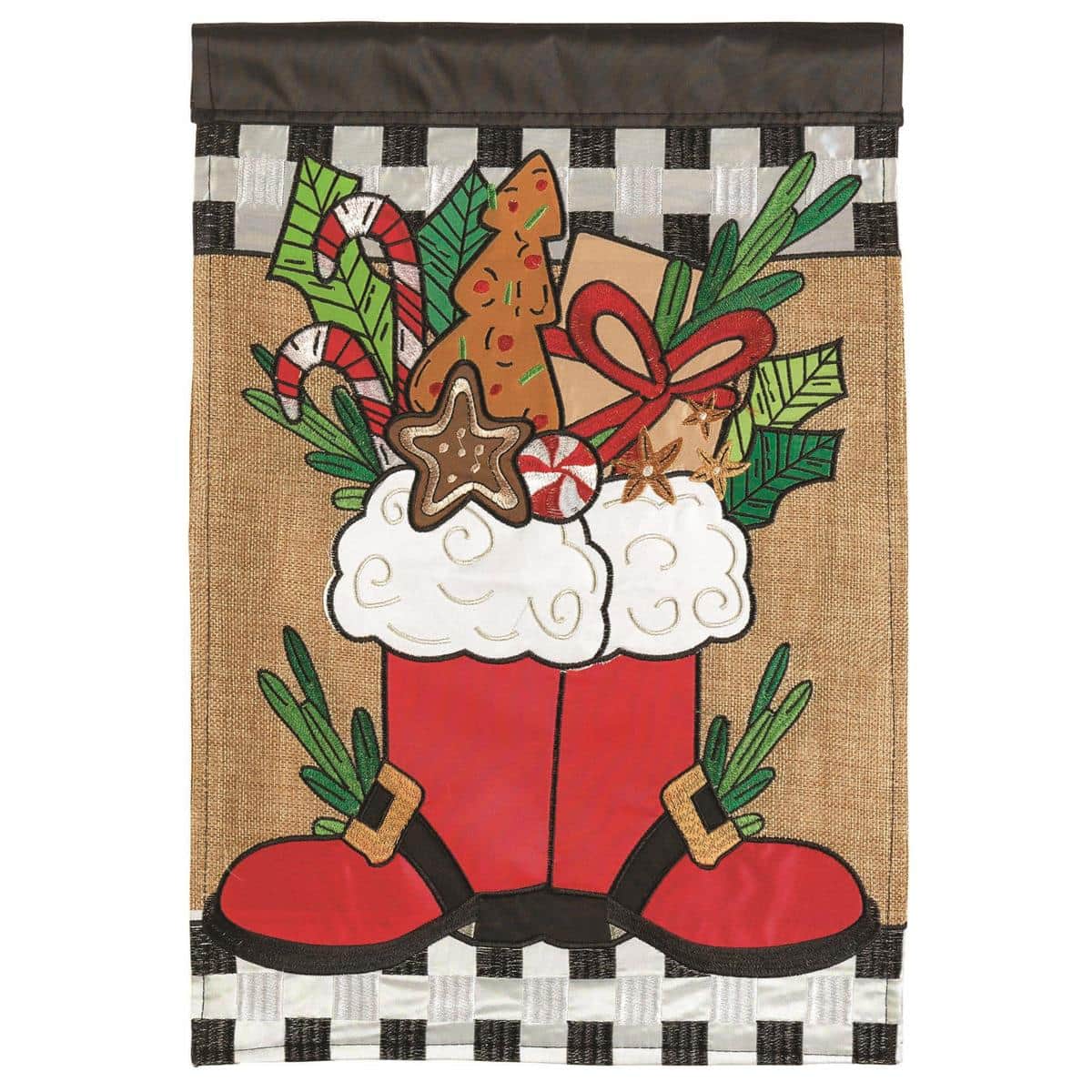 Santa Boots Burlap Garden Flag 13x18 with double applique layers, holly accents, and weather resistant burlap for outdoor porch and garden Christmas decor