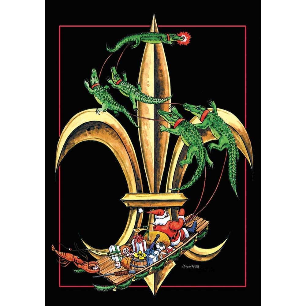 Santa Fleur-De-Lis Christmas house banner flag, 30x44 inches, printed in red, green, and gold, hanging from a porch pole with Santa framed by a fleur-de-lis.