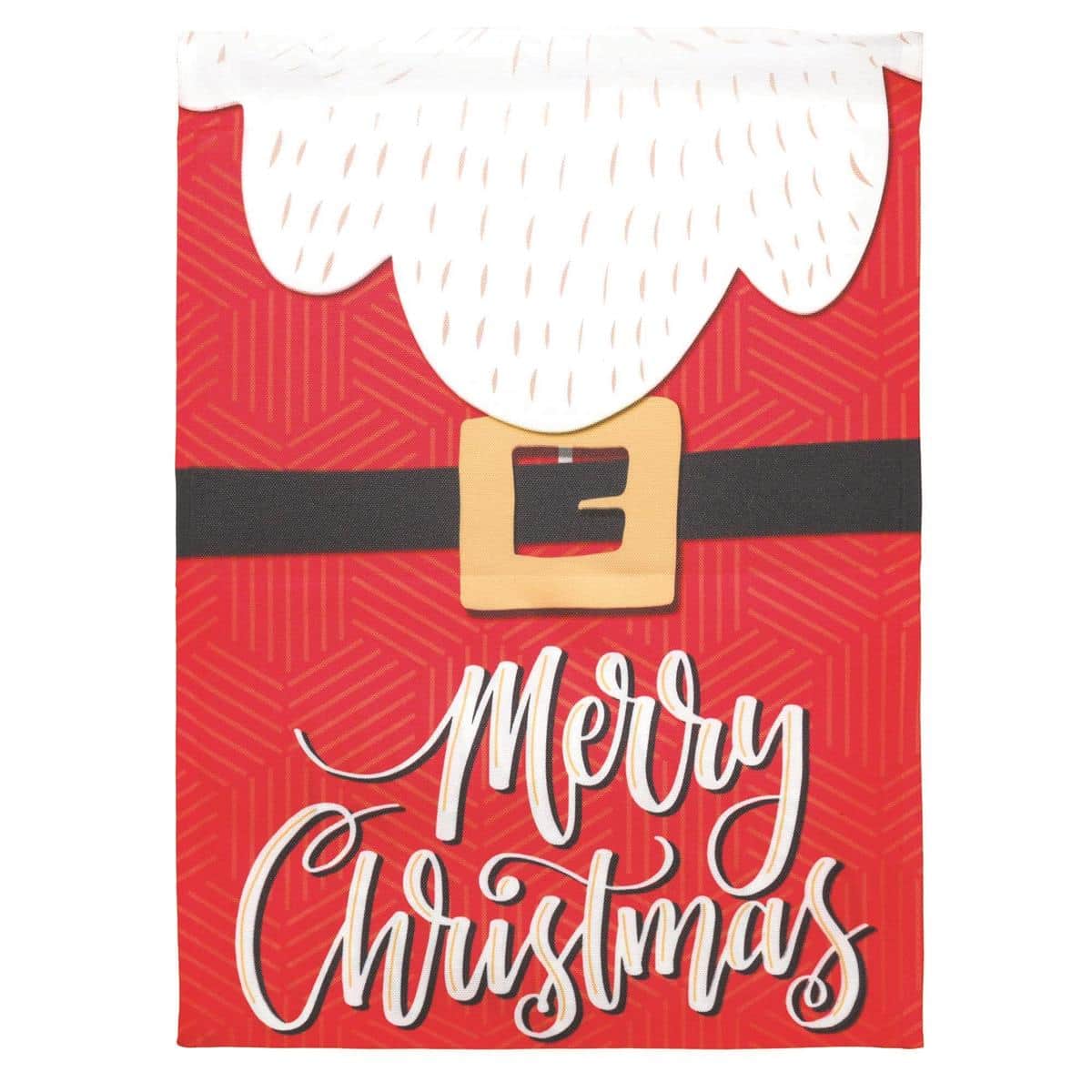 30x44 Santa Merry Christmas printed banner flag showing jolly Santa in red suit with "Merry Christmas" text on a festive background, hung on a porch pole for seasonal outdoor decor.