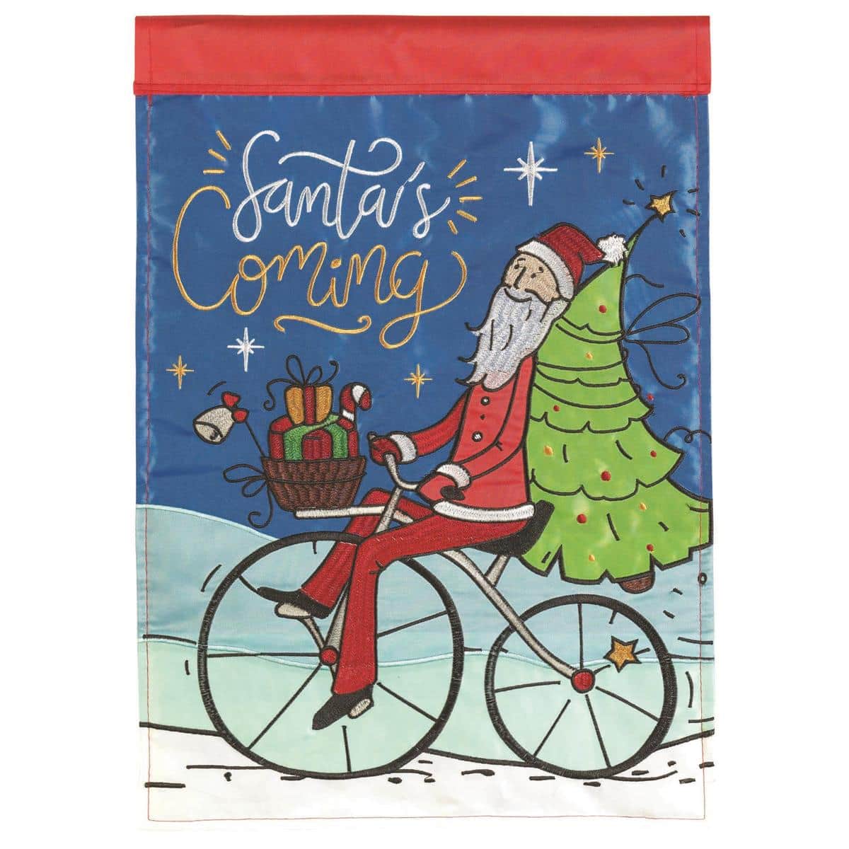 Festive 13x18 garden flag showing Santa riding a bicycle with double applique layers, embroidered highlights, and a reinforced header ready for display on a standard yard pole this holiday season.