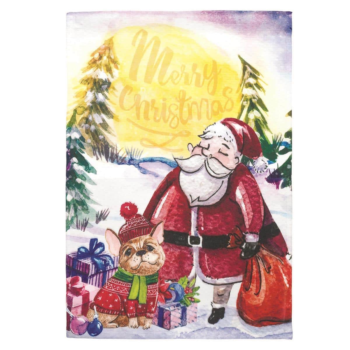 Santa puppy wearing a red Santa hat and festive scarf printed on a 13x18 garden flag displayed on a black metal garden pole in a snowy front yard scene