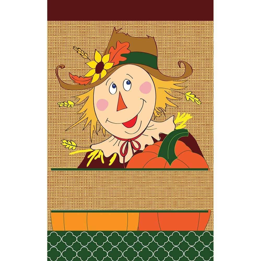 13x18 burlap garden flag showing a blank scarecrow applique in warm fall tones with double applique stitching and a reinforced pole sleeve for porch display.