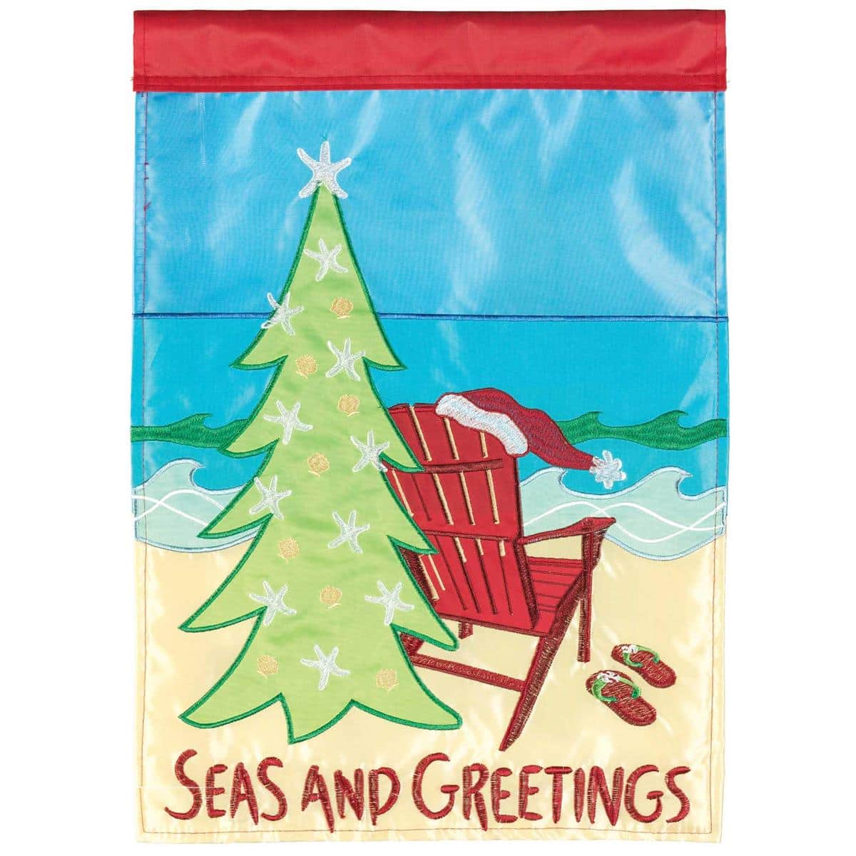 Seas And Greetings double applique 13x18 garden flag showing nautical ornaments, anchors, shells, holly accents, and a festive maritime holiday scene for porch or garden display.