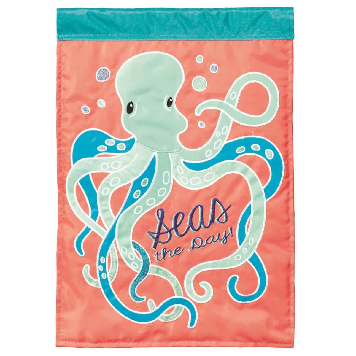 Seas The Day 13x18 waterfront garden flag featuring layered applique sailboat, waves, and coastal motifs in navy, aqua, coral, and sand tones for porch or dock display.