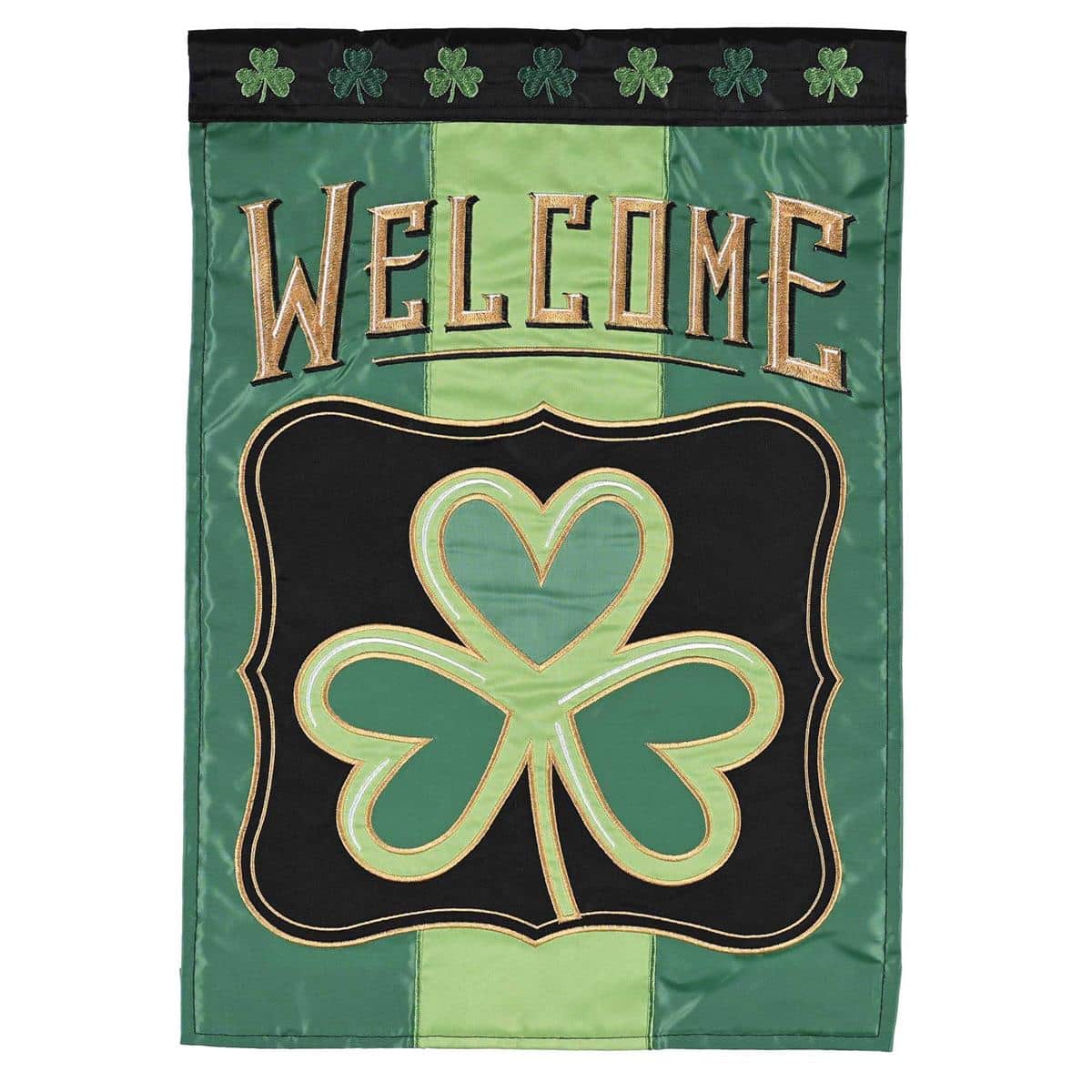 29x42 inch Shamrock Welcome banner flag double applique green shamrock design hung on a porch pole, reinforced sleeve visible, bright "Welcome" lettering and weather-resistant fabric for outdoor St Patrick's Day decor.