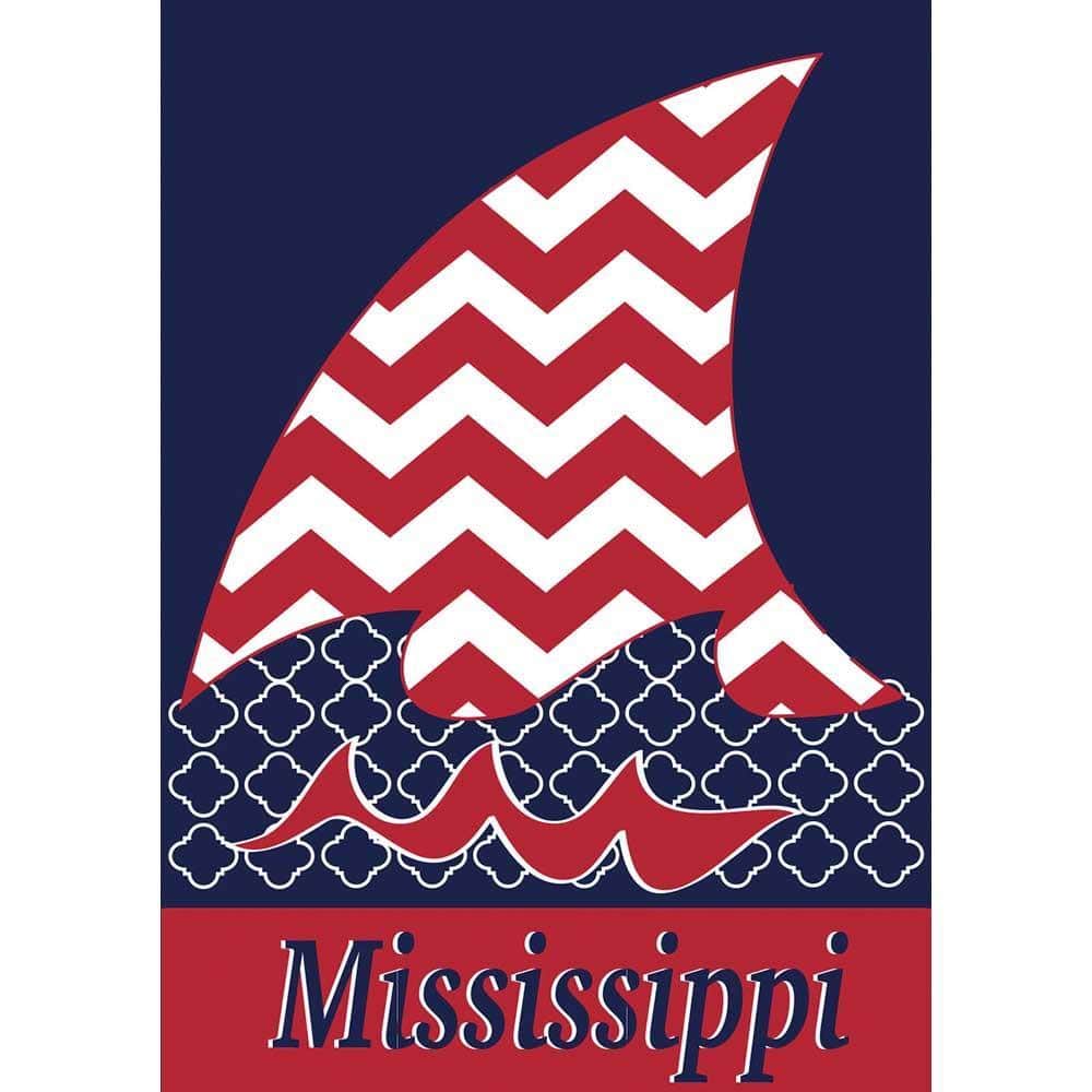 13x18 double applique garden flag with red and blue shark fin graphic, Game Day style, reinforced sleeve and hem for standard garden pole display on porch, yard, or patio.