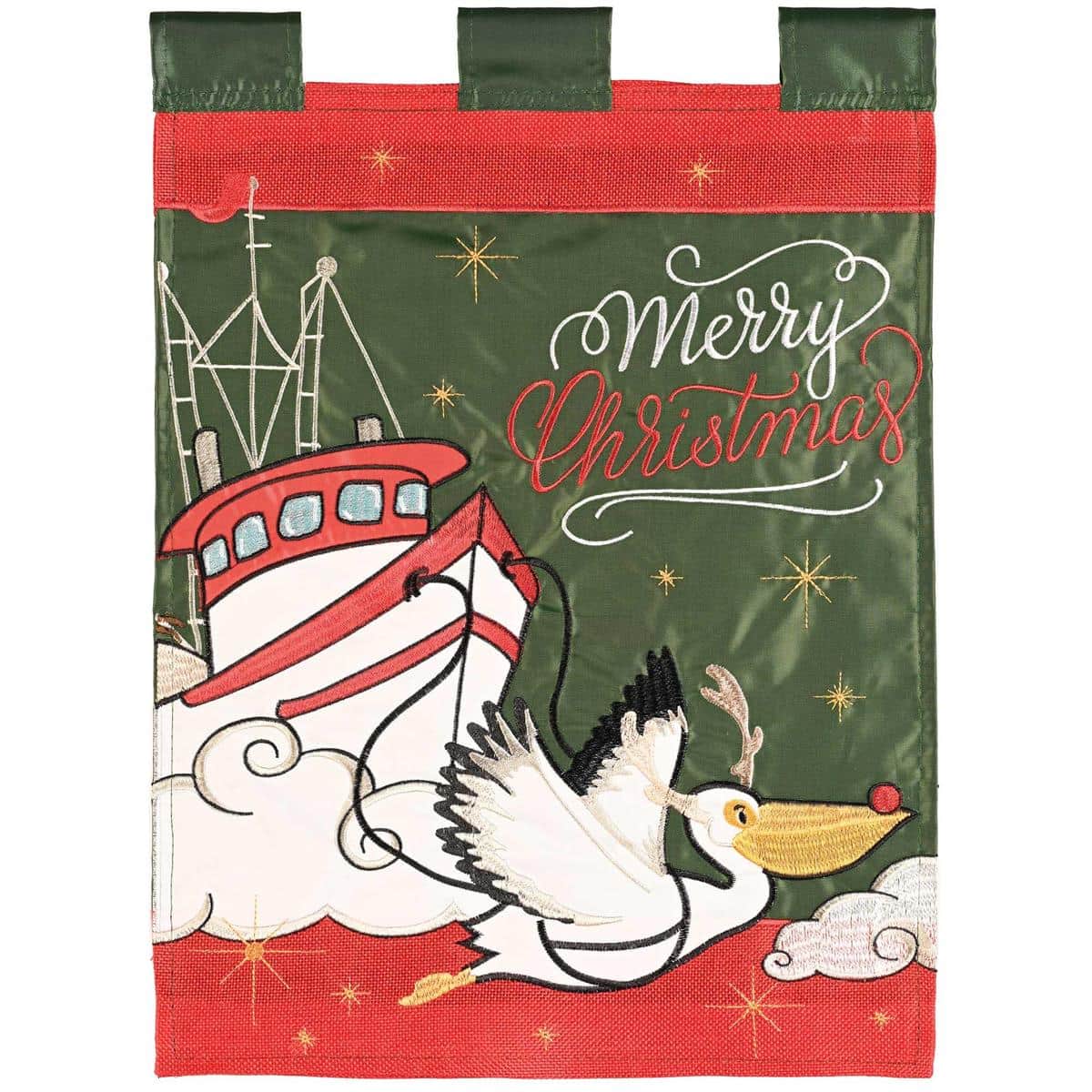 Close-up image of 13x18 Shrimp Boat Pelican garden flag showing double applique pelican perched by a shrimp boat with festive Christmas accents and nautical background.