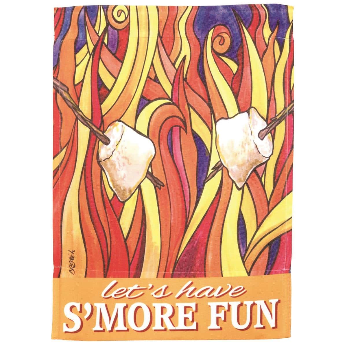 13x18 Smore Fun garden flag showing illustrated s'mores, marshmallows, campfire and playful lettering on printed outdoor polyester, designed for garden stakes and porch display.