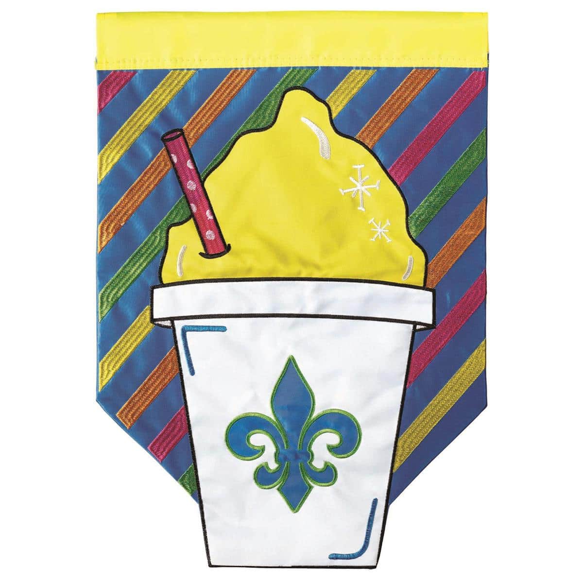 13x18 Snoball Fleur-De-Lis shaped garden flag with double applique detailing, Louisiana-inspired snoball motif in rich colors, shown on a black iron garden stake.