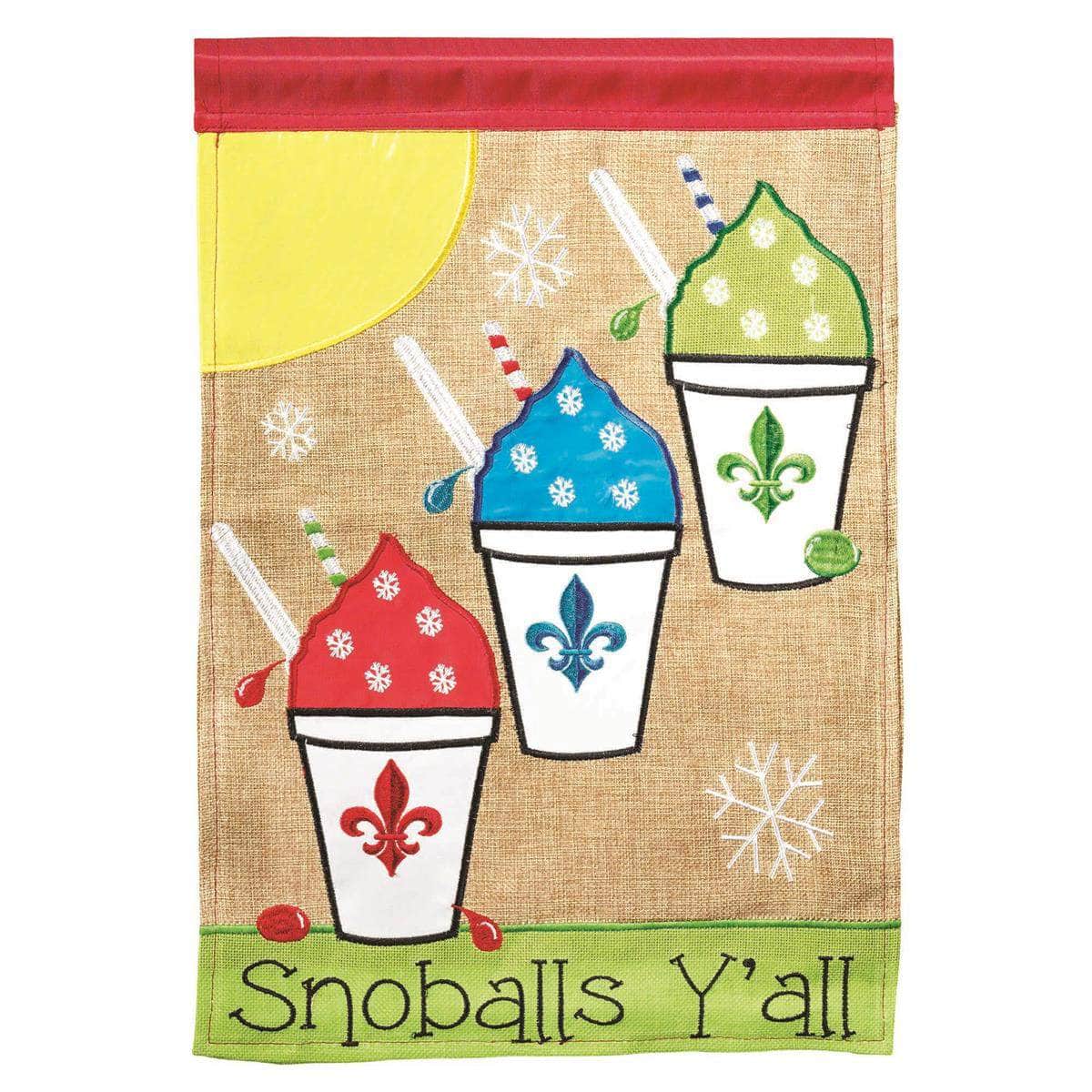 Snoballs Y’all Burl Burlap Garden Flag with double-thickness design, intricate applique stitching, and durable burlap and nylon construction for fun outdoor décor.