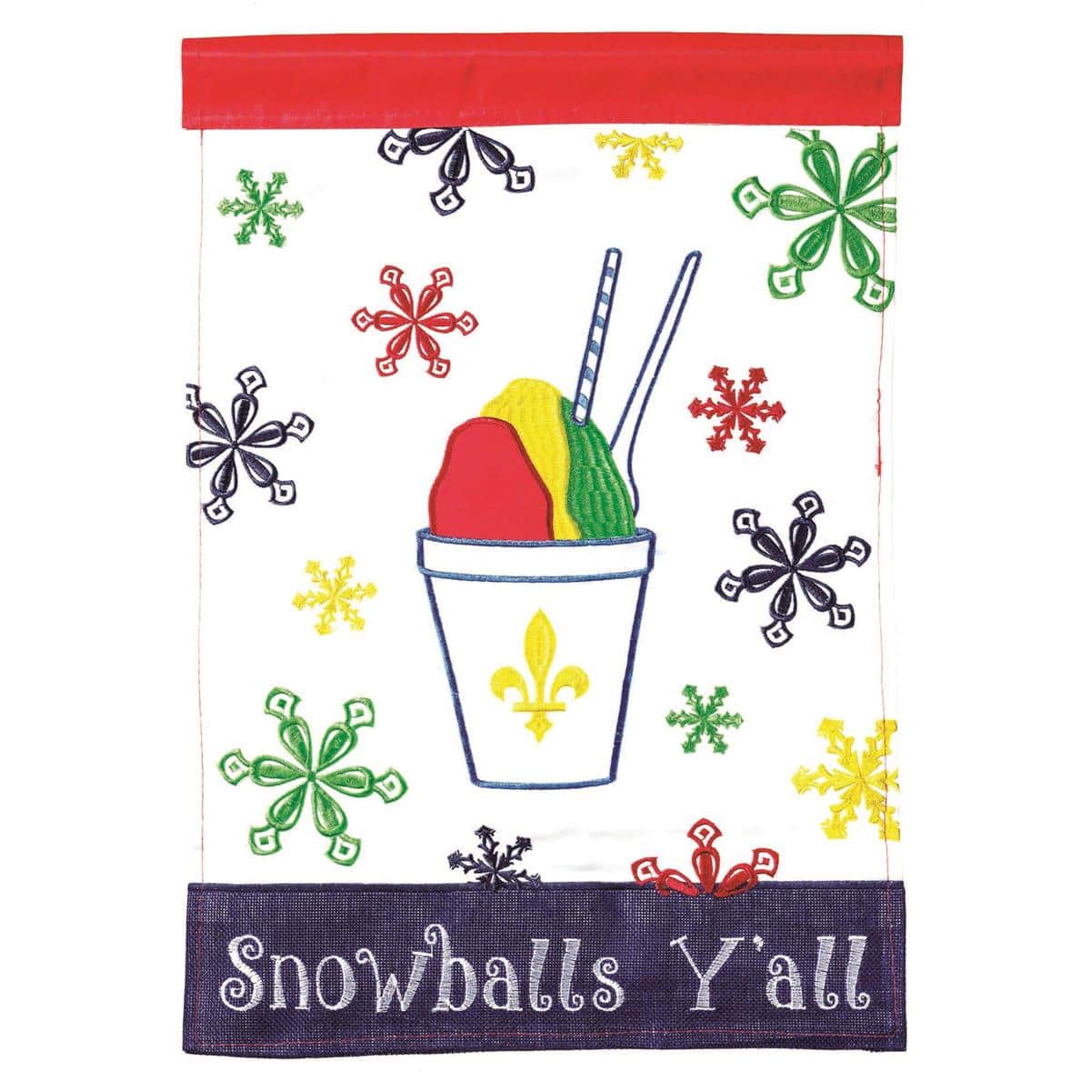 13x18 Snoballs Yall burlap garden flag double applique Christmas design with snowballs and Yall lettering on rustic textured fabric for porch or yard display.