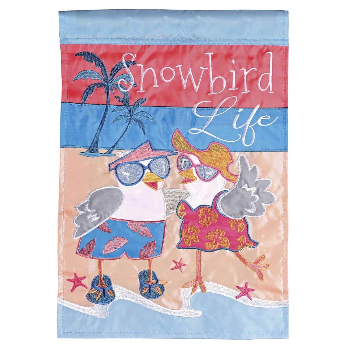 Snowbird Life garden flag with layered applique birds gliding over stylized water, 13 by 18 inches, waterfront style.