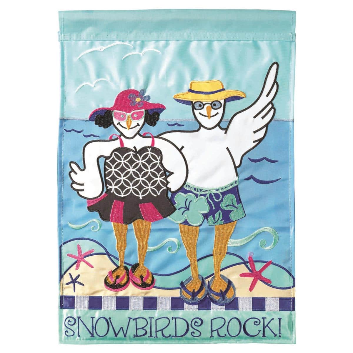Double applique Snowbirds Rock garden flag featuring winter birds on coastal rocks by blue water, 13x18, two-sided, durable pole sleeve ready for outdoor display.