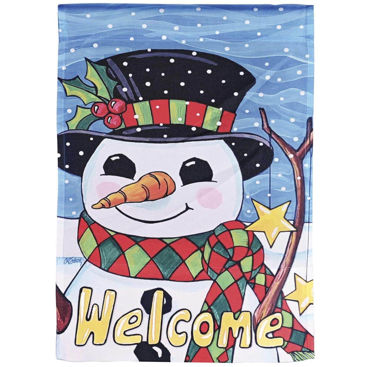 Printed Snowman And Stars Welcome flag showing smiling snowman, gold stars, and bold welcome lettering on snowy blue background ready for porch or garden display