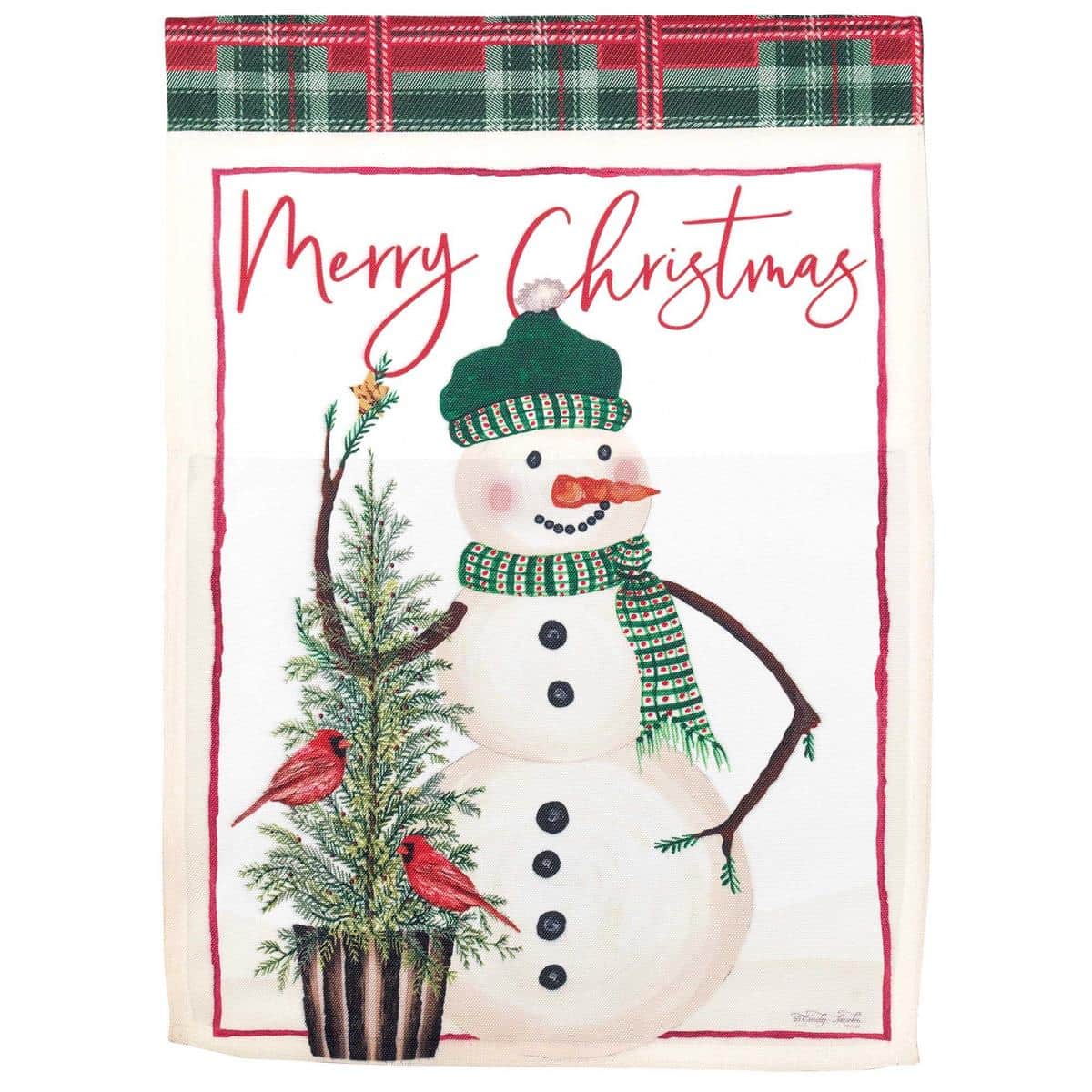 Festive Snowman Christmas banner flag 30x44 printed on polyester showing a smiling snowman with scarf, top hat, holly accents, and snowflake details, displayed on a front porch during winter.