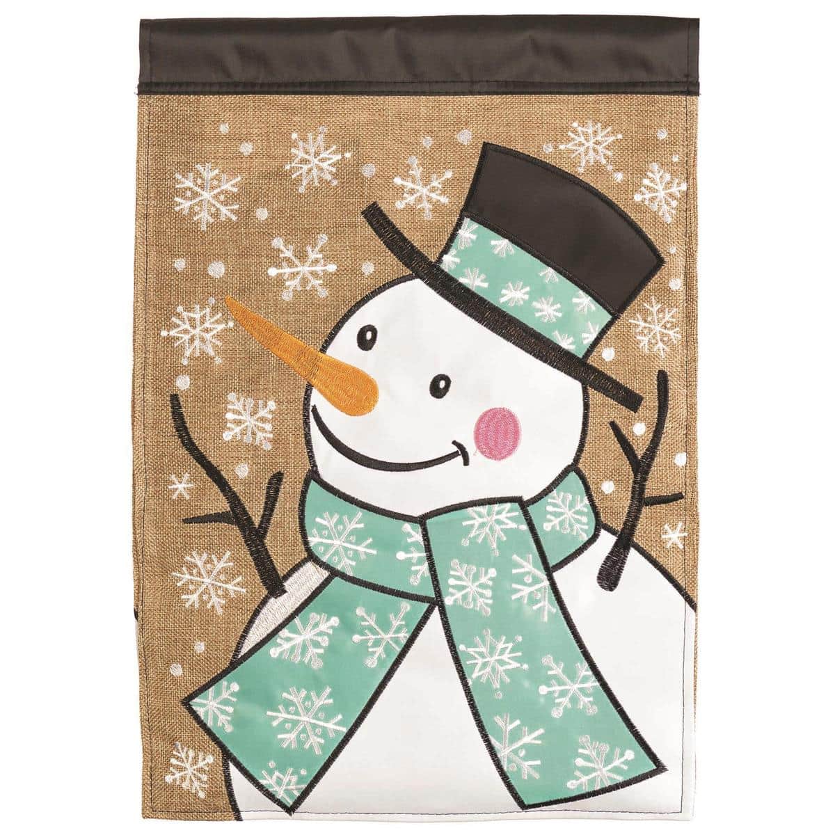 13x18 Christmas snowman garden flag double applique with embroidered snowman and festive accents on durable polyester for outdoor display.