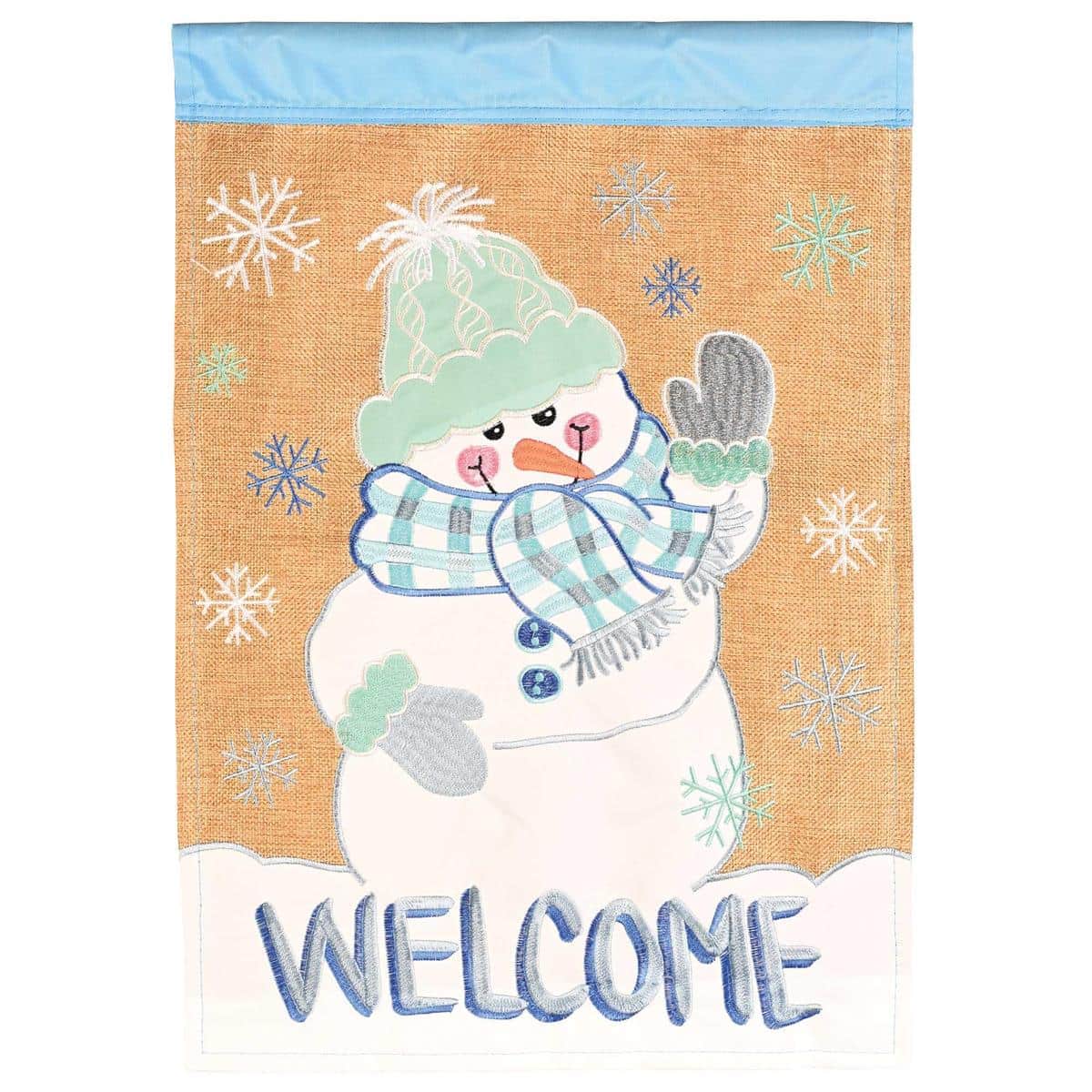 13x18 Snowman Welcome burlap garden flag with double applique snowman wearing scarf and top hat, textured burlap background, stitched 'Welcome' lettering, farmhouse winter decor.