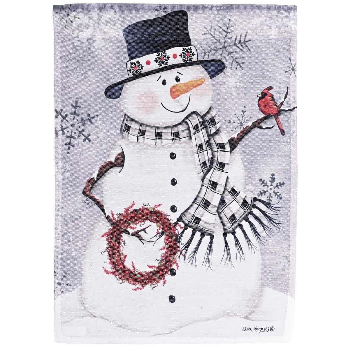Large 30x44 winter house banner flag featuring a smiling snowman with red scarf and top hat holding a berry wreath on a snowy backdrop, outdoor printed decor