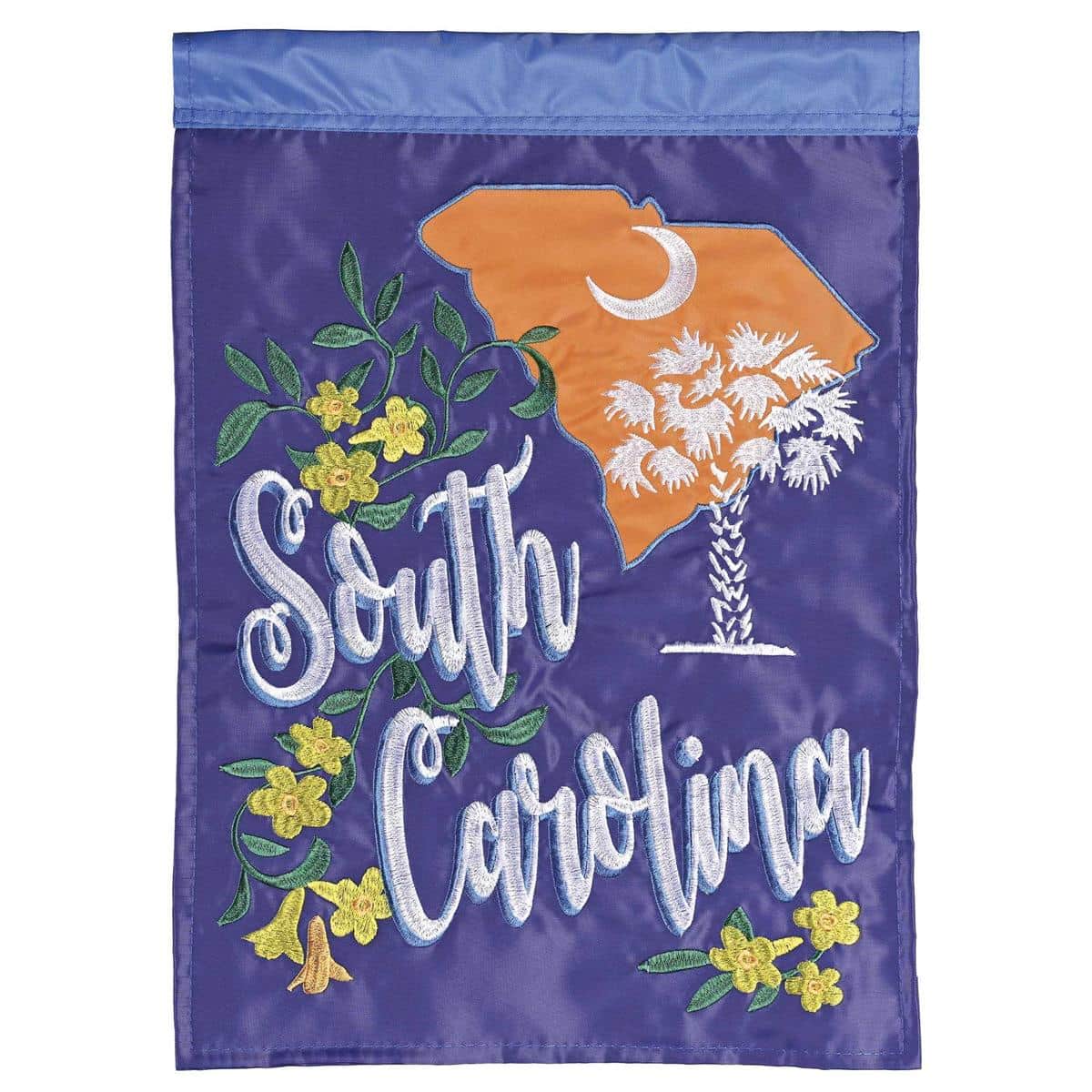 Indigo South Carolina 13x18 garden flag with white palmetto and crescent, double applique, readable on both sides, displayed on a yard flag stand