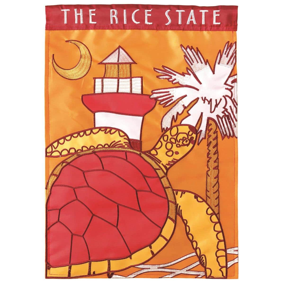 13x18 South Carolina Rice garden flag in S. Carolina style, double applique rice sheaves, textured stitching, coastal green and gold, on metal stand