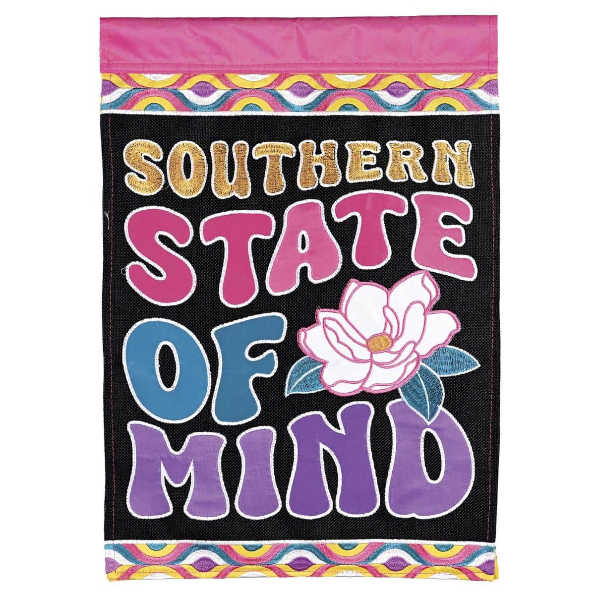 13x18 Southern State Of Mind double applique garden flag on a black metal stand showing layered state silhouette, stylized script and patriotic accents