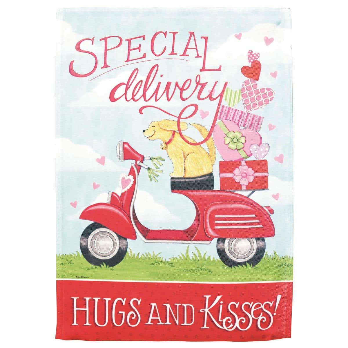 13x18 Special Delivery Hugs garden flag showing a printed envelope, hearts and "Hugs" text on a Valentine's theme hanging on a garden pole in front of a porch with flower pots.