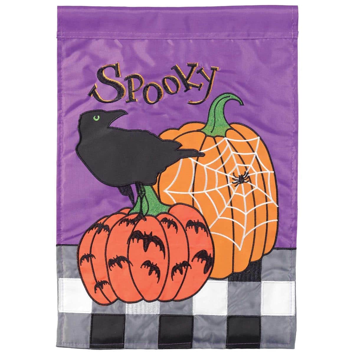 13x18 Spooky Pumpkins double applique garden flag showing layered carved pumpkins, stitched crescent moon and flying bats, vibrant orange and black Halloween design with finished sleeve for garden pole.