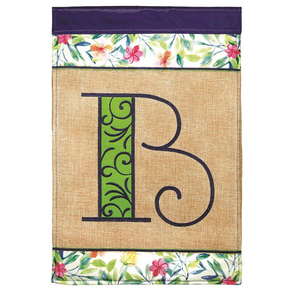Monogram B spring burlap garden flag 13x18 double applique design on textured burlap background with spring accents displayed on a yard flag pole.