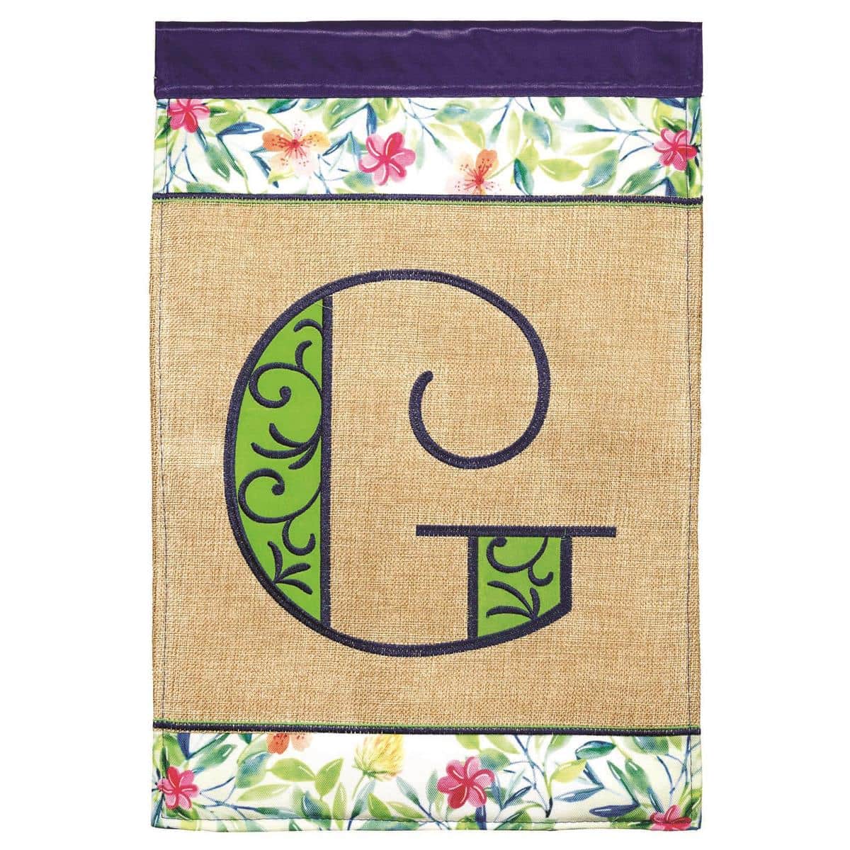 13x18 Spring Burlap Monogram-G garden flag featuring the letter G in double applique on burlap-textured fabric, stitched monogram detail, neutral spring palette for porch or garden
