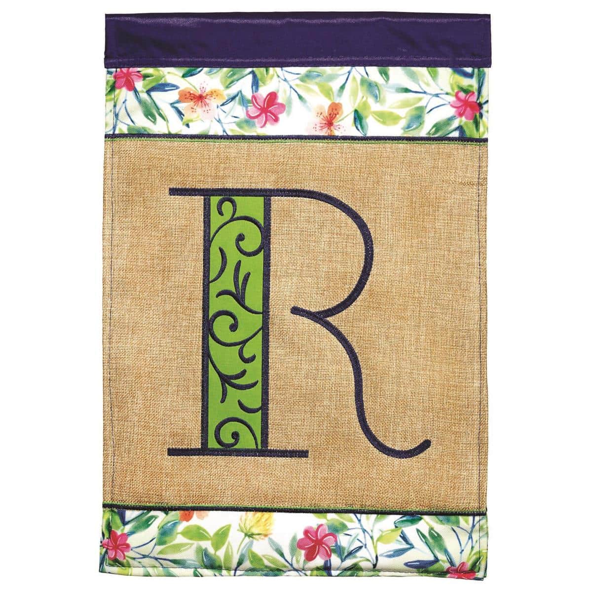 13x18 garden flag in rustic burlap with bold stitched Monogram R, double applique construction, spring accents, displayed on a standard metal garden stand