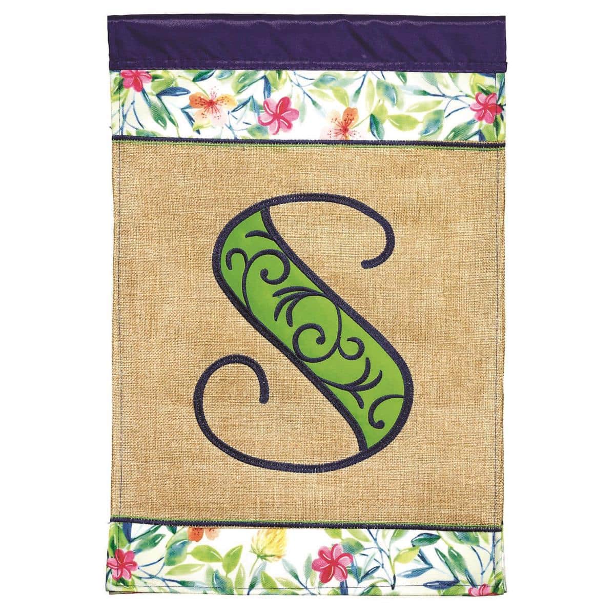 13x18 Spring Burlap Monogram-S garden flag on metal garden pole showing close-up burlap texture, double applique initial S and spring accents suitable for porch or yard display.