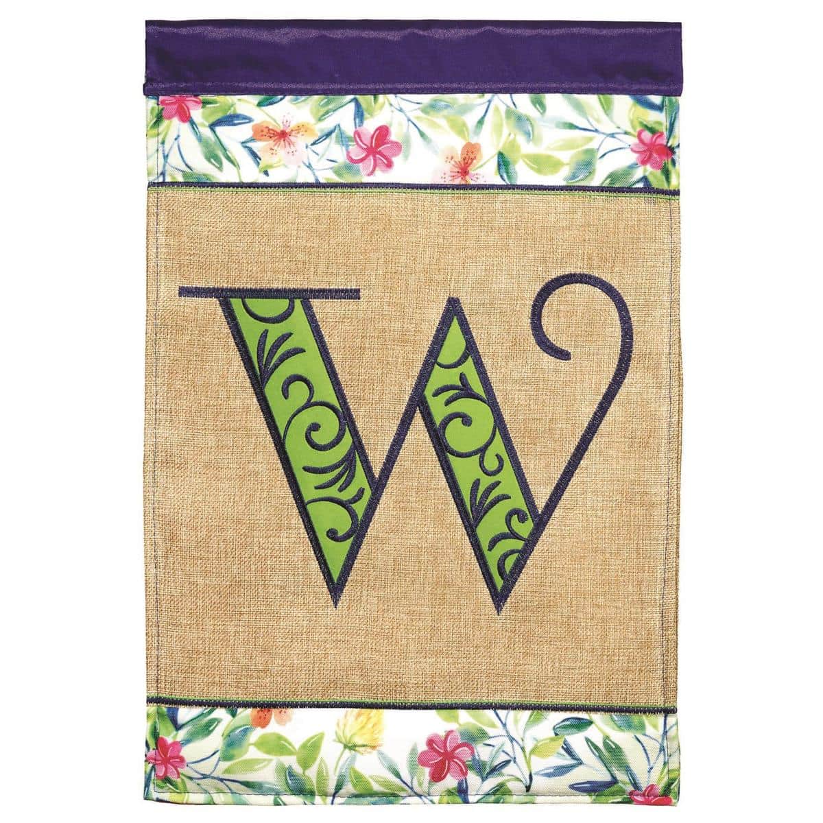 Spring Burlap Monogram-W garden flag 13x18 with double applique letter W on rustic poly-burlap, outdoor yard and porch decor, fits standard garden flag stands