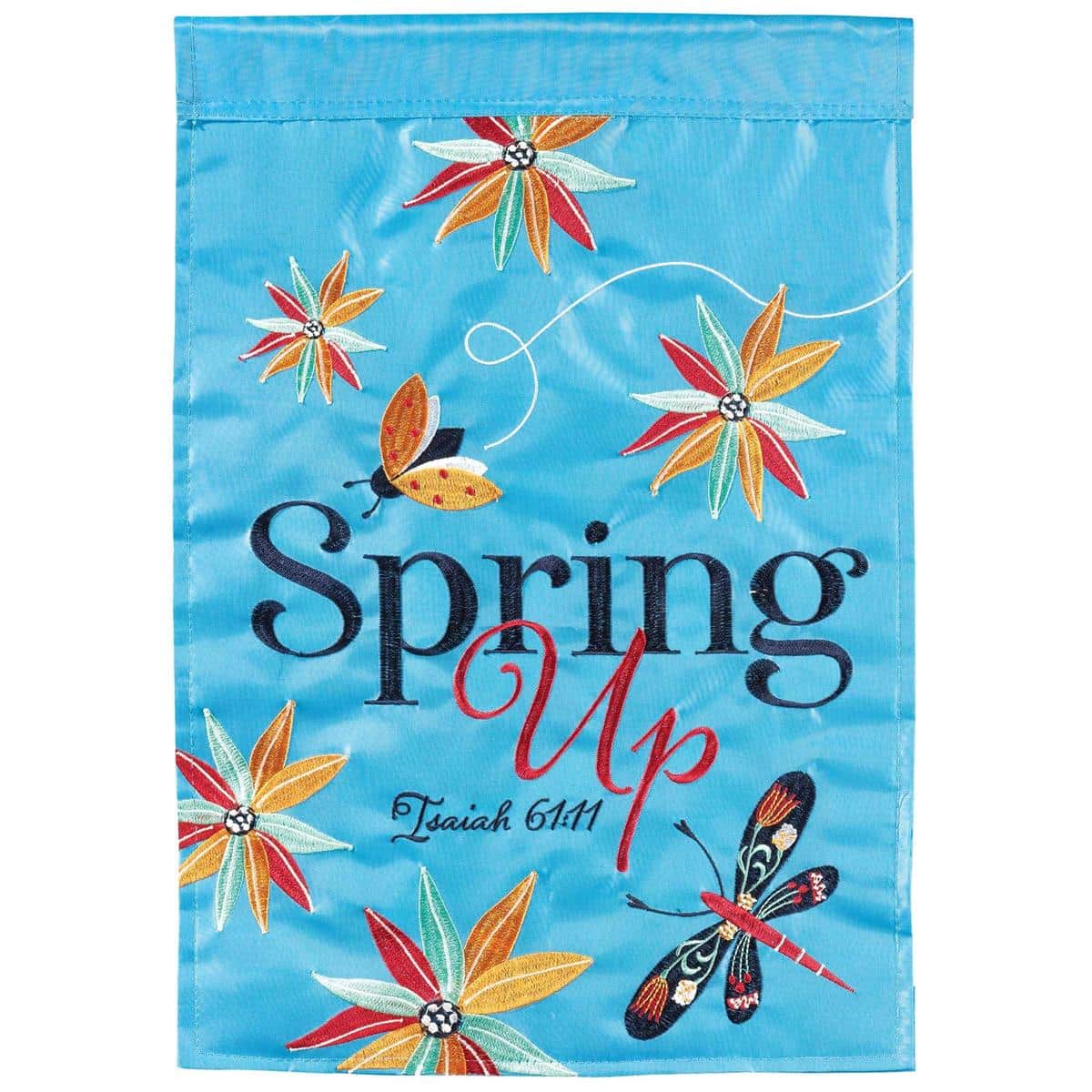 13x18 Spring Up Isaiah 61:11 double applique garden flag showing layered blossoms and Bible verse, inspirational Christian outdoor yard flag on stand