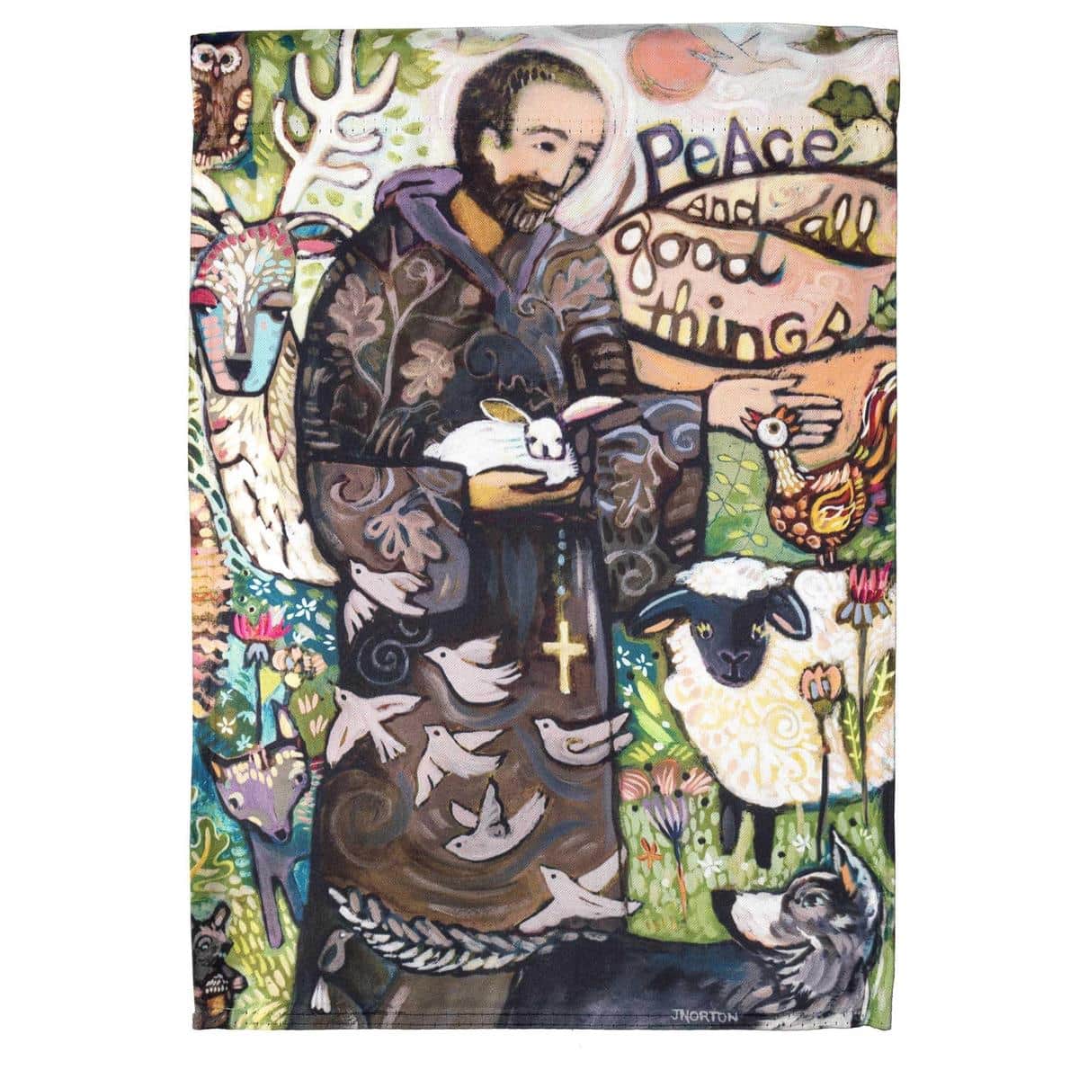 Printed St Francis banner flag 30x44 showing Saint Francis with birds and animals, Catholic devotional flag suitable for porch, garden, or indoor prayer space.