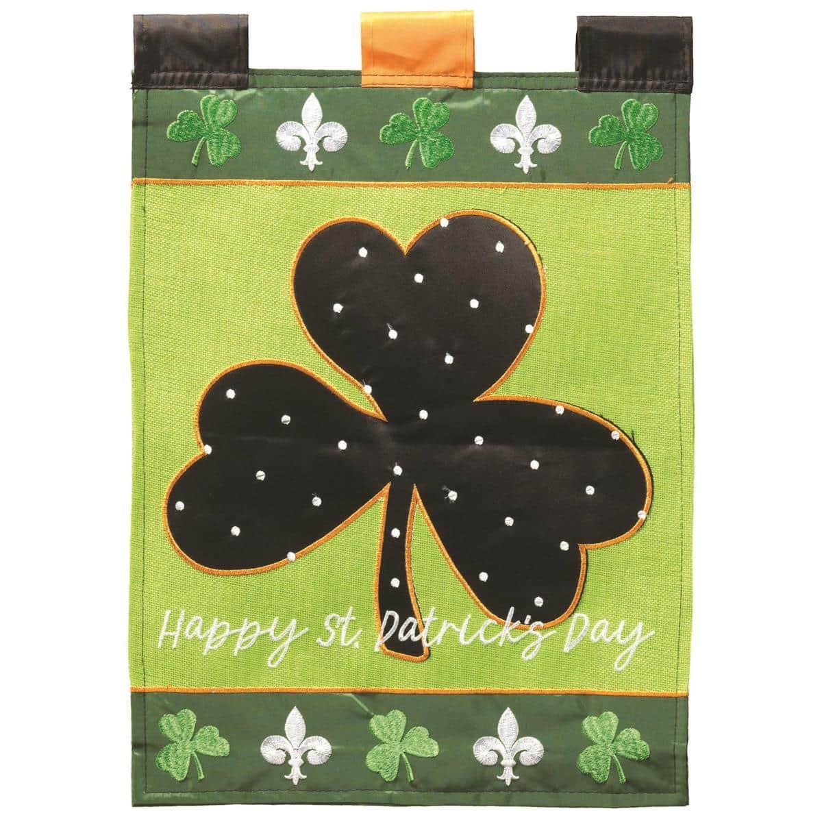 Alt text: 13x18 St Patricks Shamrock garden flag LA-StPatsDay double applique design with layered green shamrocks and stitched accents displayed on a porch flag stand.