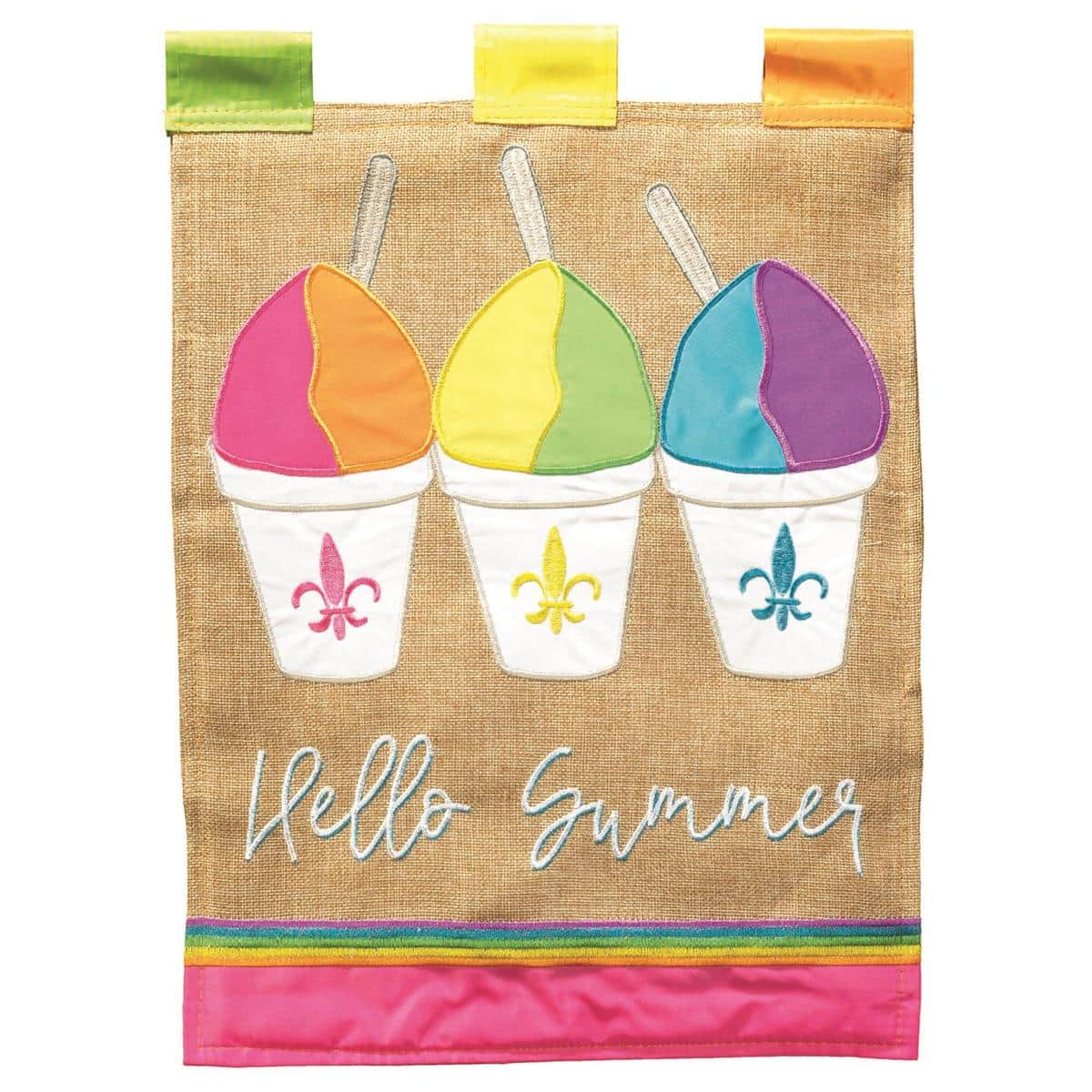 13x18 garden flag showing colorful sno-ball dessert illustration with fleur-de-lis motif in double applique on sturdy outdoor fabric for porch or stake display