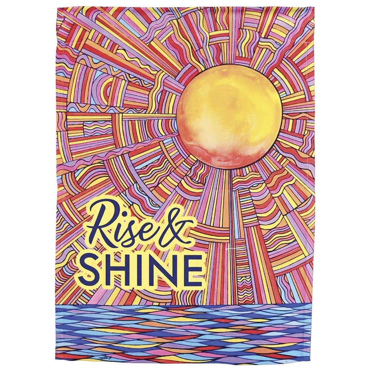 Sun Rise And Shine Garden Flag 13x18 showing a bright sunrise over water, coastal color palette, printed detail, reinforced header sleeve for mounting on a small garden flag stand, ideal for porch or yard display.