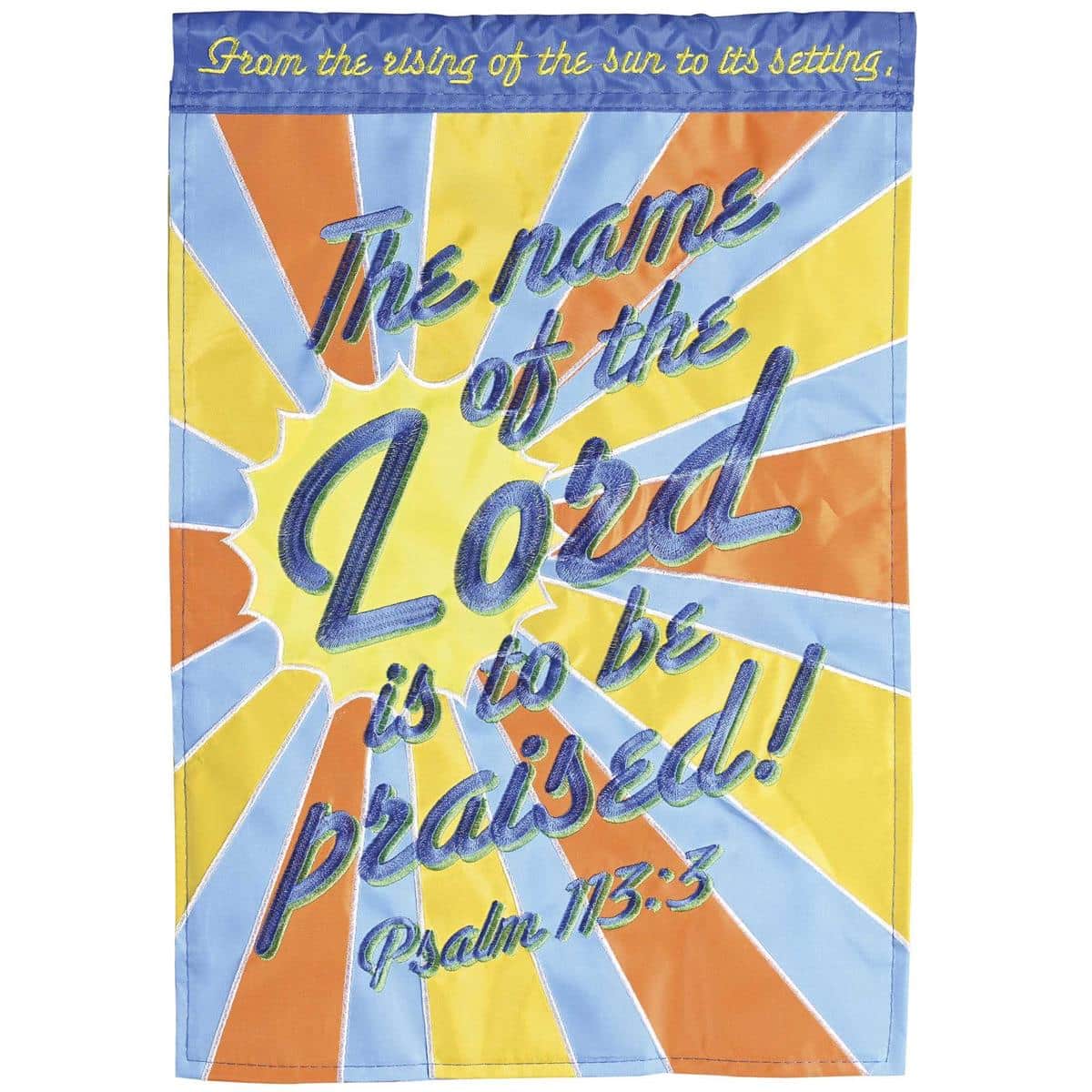 13x18 double applique garden flag featuring scripture 'The Name Of The Lord' with a radiant sun illustration on durable outdoor polyester fabric for yard or porch display