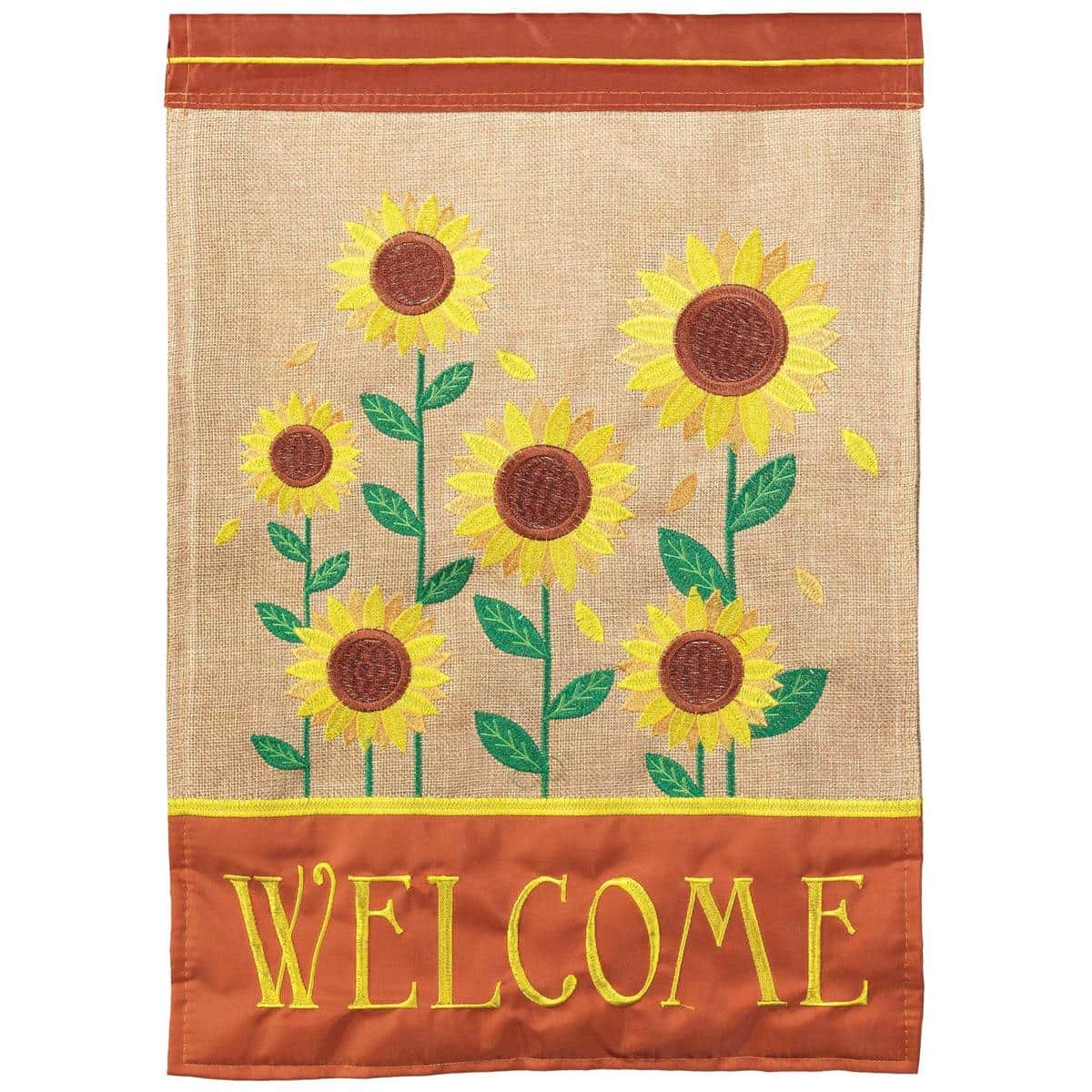 13x18 Sunflowers Welcome Garden Flag double applique on durable outdoor polyester displayed on a flagpole beside a porch planter.
