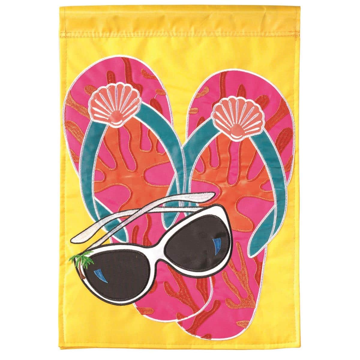 Beach banner flag with sunglasses and flip flops in layered double applique, 29x42 size, reversible two-sided coastal decor for porch, deck, or pool area.