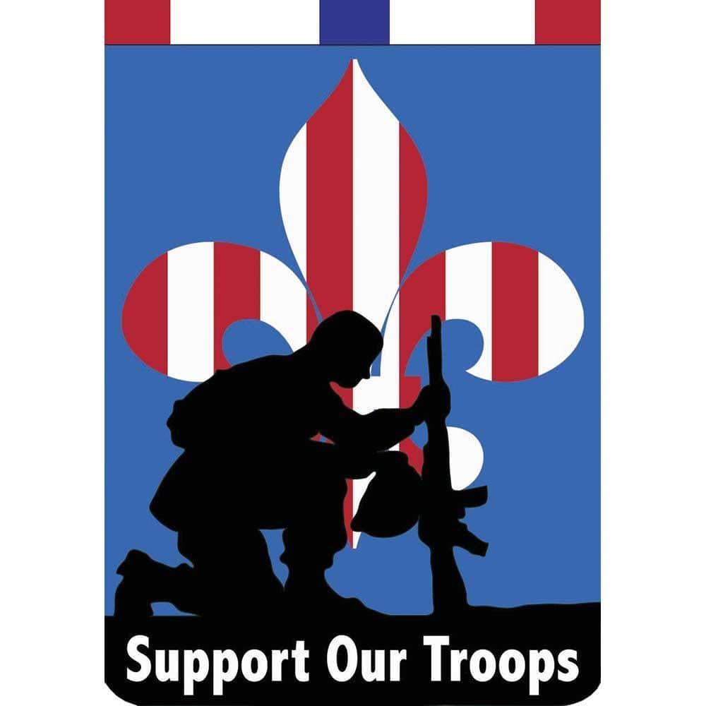29x42 Support Our Troops double applique banner flag showing embroidered stars, stripes and bold 'Support Our Troops' text on durable polyester with sewn pole sleeve.
