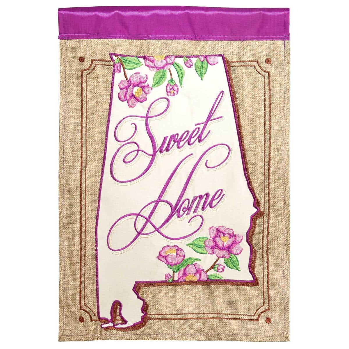 13x18 double applique burlap garden flag with "Sweet Home Alabama" text and state silhouette, weather resistant, natural burlap texture, top sleeve for garden poles.