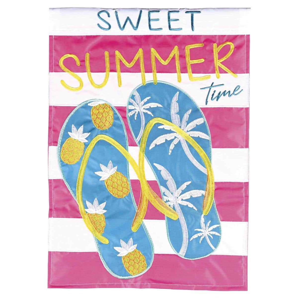Sweet Summer Time garden flag 13x18 with WaterfrontFlops flip-flop and coastal floral double applique design on durable fabric for porch and yard display.
