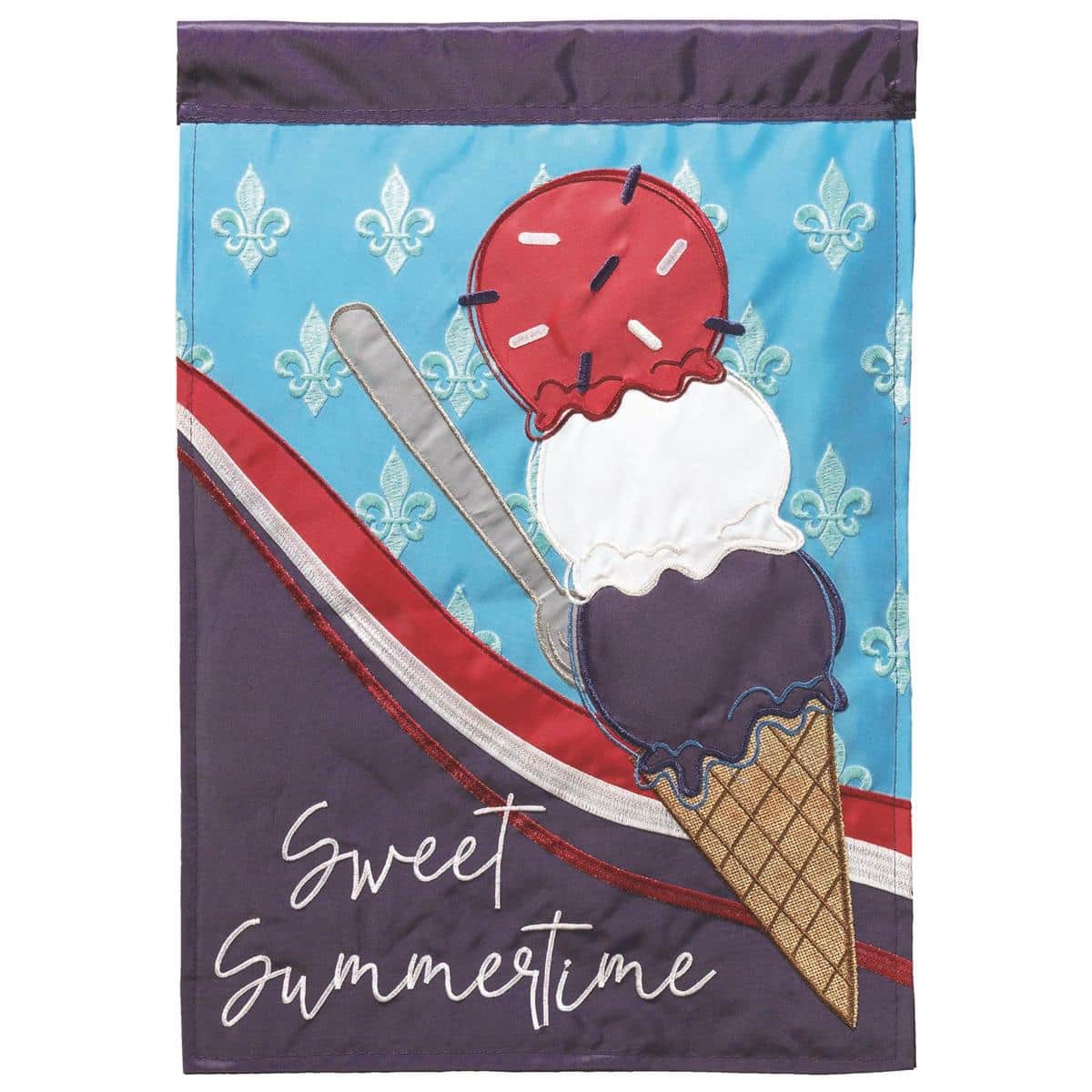 13x18 Sweet Summertime Fleur-De-Lis garden flag with layered double applique fleur-de-lis and summer floral accents in a tasteful LA-patriotic palette, shown hanging from a small garden stand.