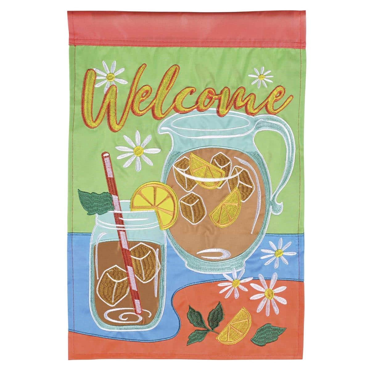 13x18 Sweet Tea Southern Welcome double applique garden flag featuring mason jar of iced tea, lemon slice and magnolia accents with scripted Welcome text for summer porch and garden display.