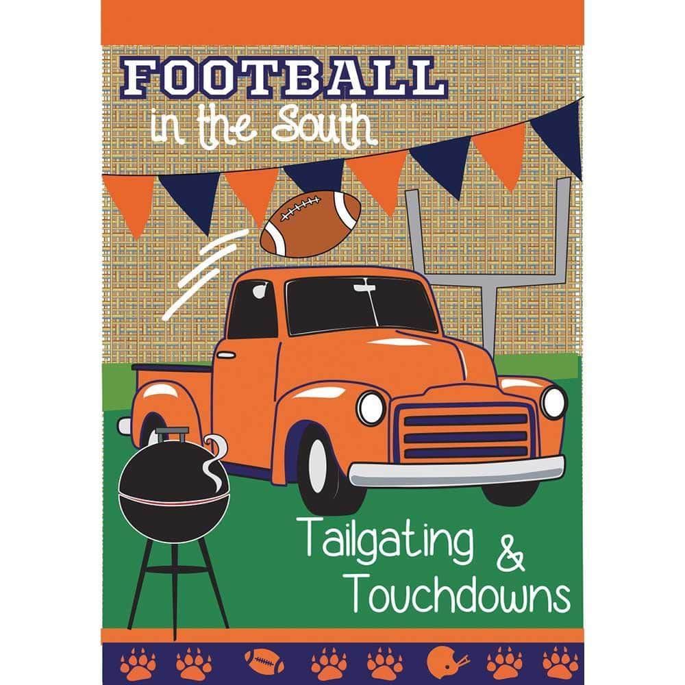 13x18 Clemson tailgate garden flag with double applique team logo in orange and purple displayed on a yard pole at a tailgate.