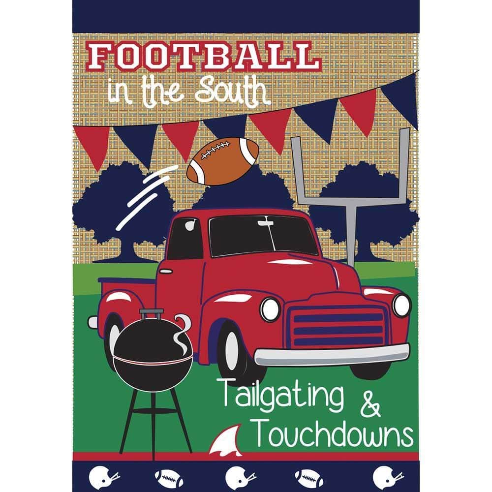 13x18 red and blue burlap garden flag on a standard yard stand near a porch, double applique sports tailgate design with bold layered stitching on both sides.