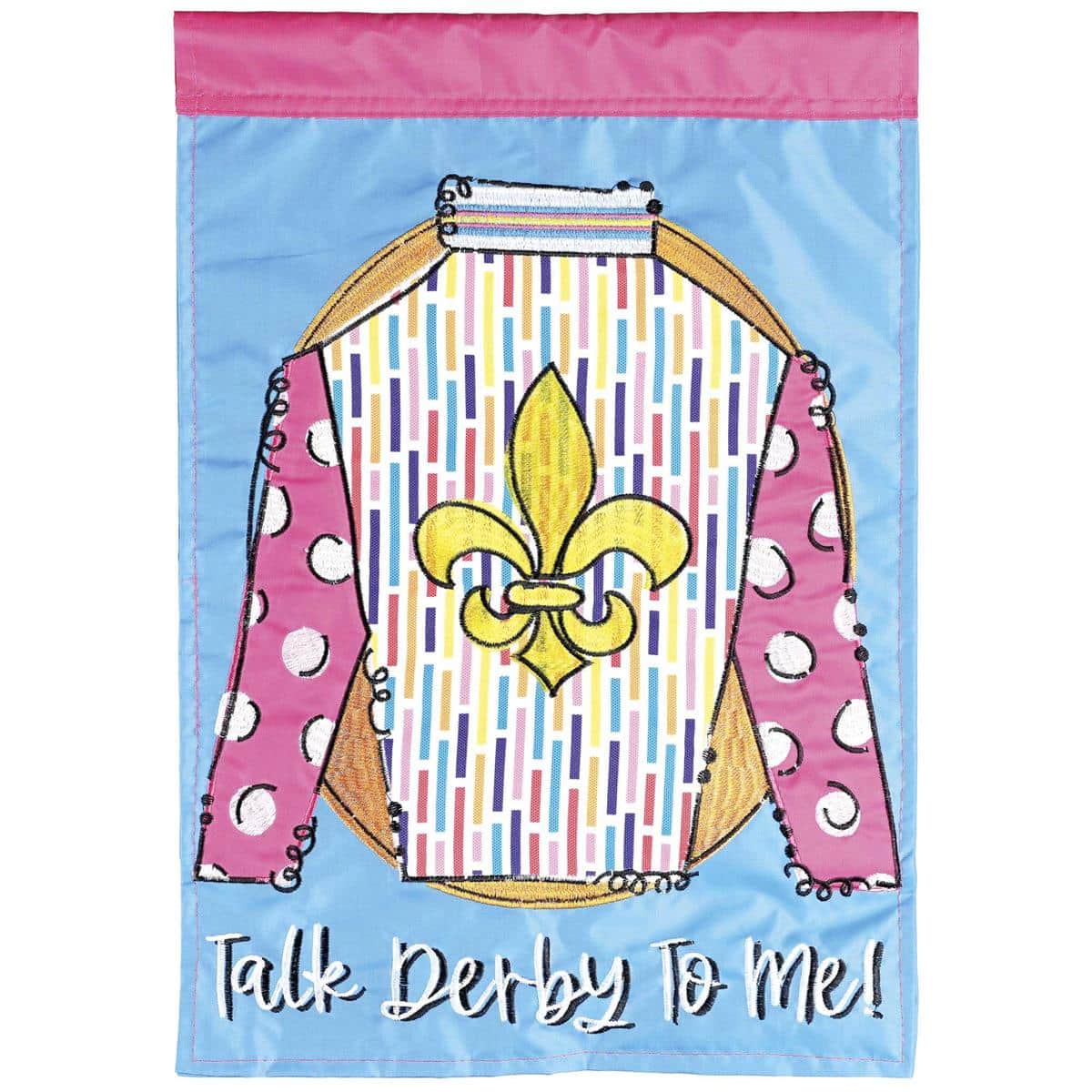 13x18 Talk Derby To Me garden flag featuring stylized racehorse and jockey silks in bold colors with double-applique-plus texture, ideal for porch or small yard display.