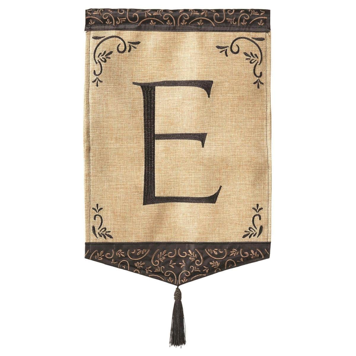 Tassel Burlap Monogram-E garden flag 13x18 double applique monogram E on textured burlap with decorative tassel, shown on small black metal garden flag stand in front of porch steps