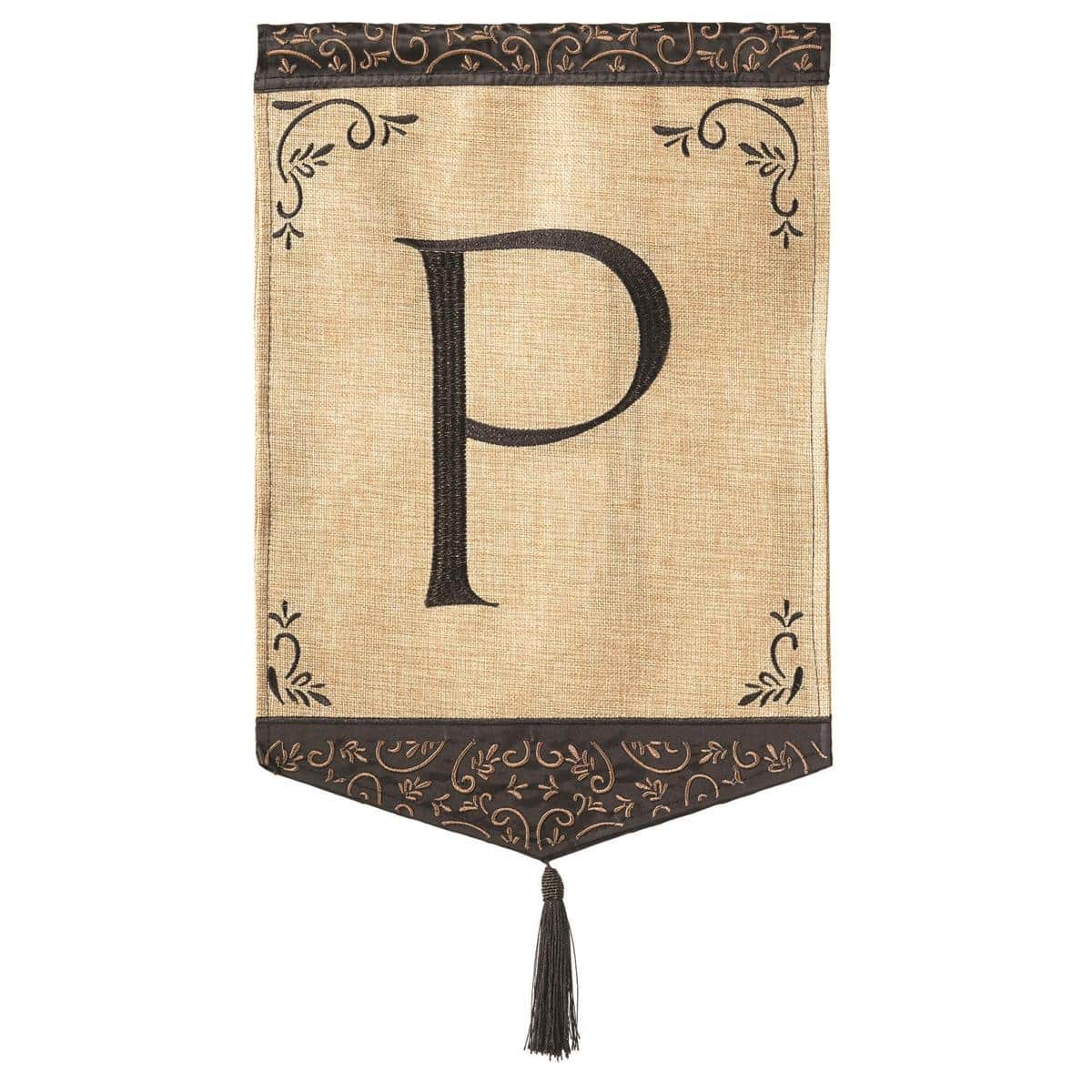 Natural burlap garden flag with bold letter P, tassel accent, double applique construction, 13x18 size, two-sided design, top sleeve fits most garden flag poles